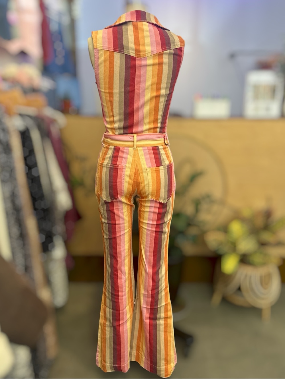 🌈 Retro 70s Vibes Striped Flare Jumpsuit – Sunset Multi-Color Boho Chic! - Picture 9 of 9